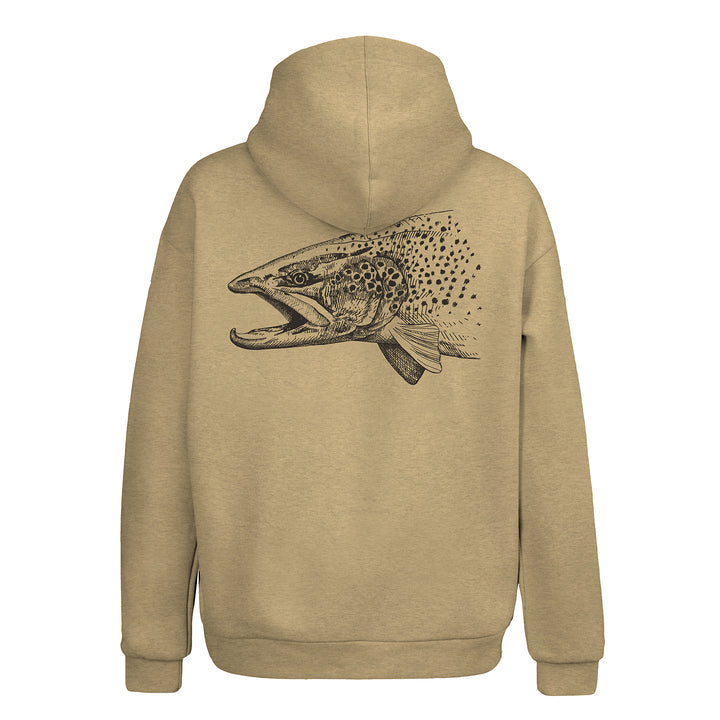 a buckskin color hoodie with a pen and ink drawing of a brown trout head on the back